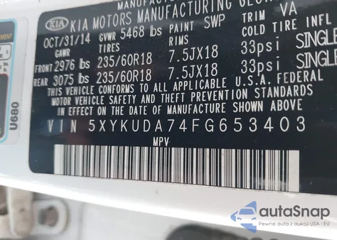 2015 Kia Sorento Ex V6 из США, поврежденный, VIN 5XYKUDA74FG653403